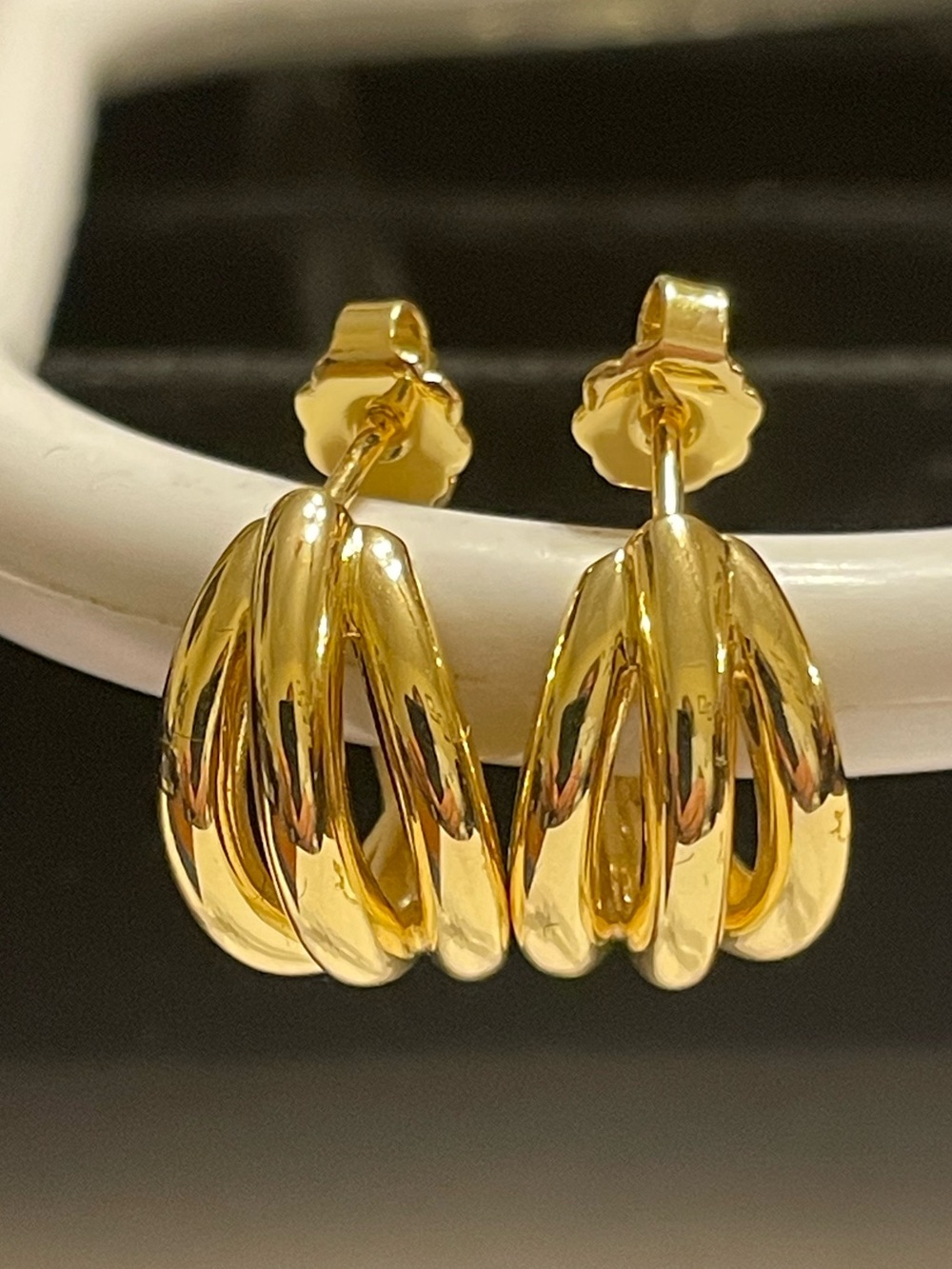 Gold Tone Triple Hoop Sculptural Stud Earrings - Women Jewelry